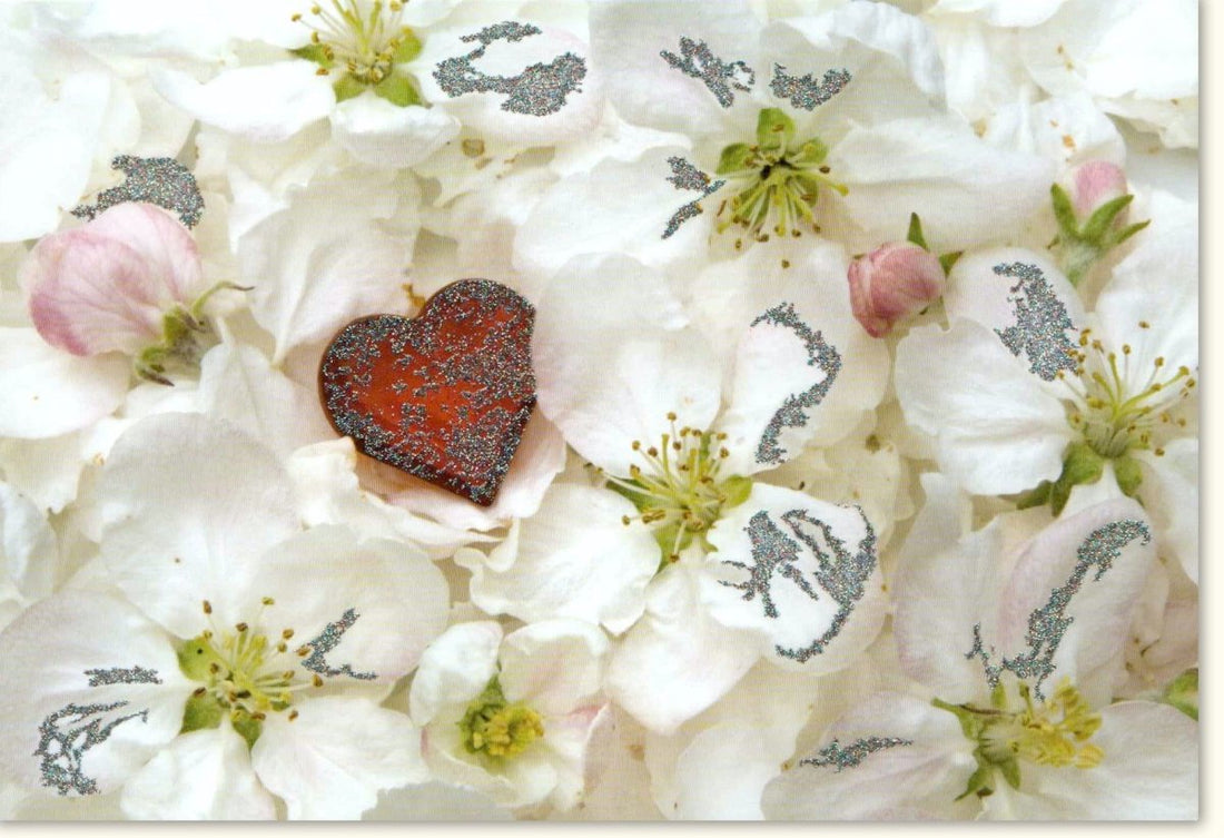 Valentinstag & Hochzeits - Doppelkarte mit Glitzerlack, Blumen - Herz Design - Handgefertigte Blankokarte für Romantische Anlässe, Jahrestag & Liebevolle Einladungen