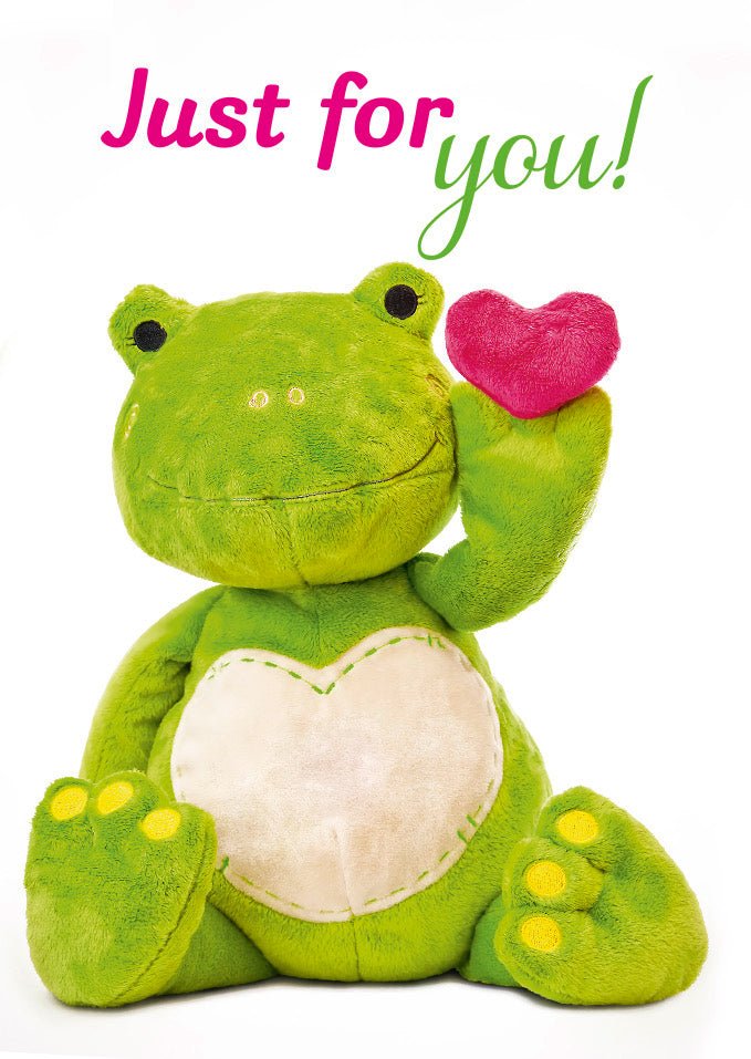 Valentinstag Postkarte - Niedlicher Plüschfrosch mit Herz, "Just for You" Liebe & Romantik Glückwunschkarte, Grün