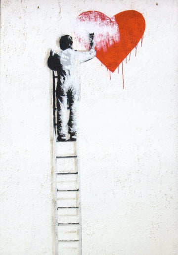 Valentinstags - Postkarte – Romantische Streetart mit Herz & Leiter, Urban Graffiti Kunst, Schwarzweiß Wanddekoration, Modernes Minimalistisches Design, Trendiges Geschenk für Liebe & Romantik