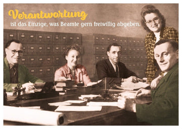 Vintage Bürohumor Postkarte - Lustige Beamtenwitze in Sepia, Schreibtisch Spaß & Ironie, Witziges Geschenk für Kollegen