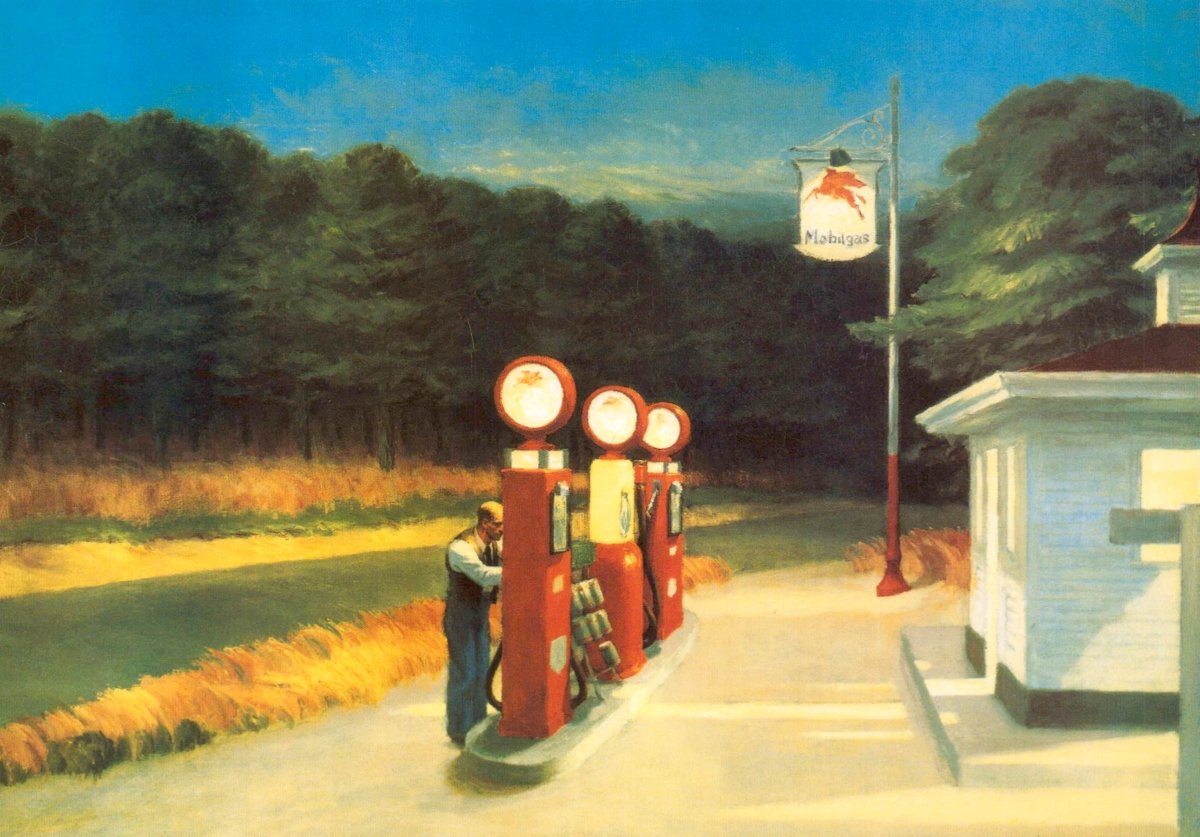 Vintage Kunst - Postkarte: Edward Hopper Tankstelle Gemälde – Retro Amerika 1930er, Sammlerstück für Kunstliebhaber, Stilvolle Darstellung von Ruhe & Einsamkeit in der Abenddämmerung