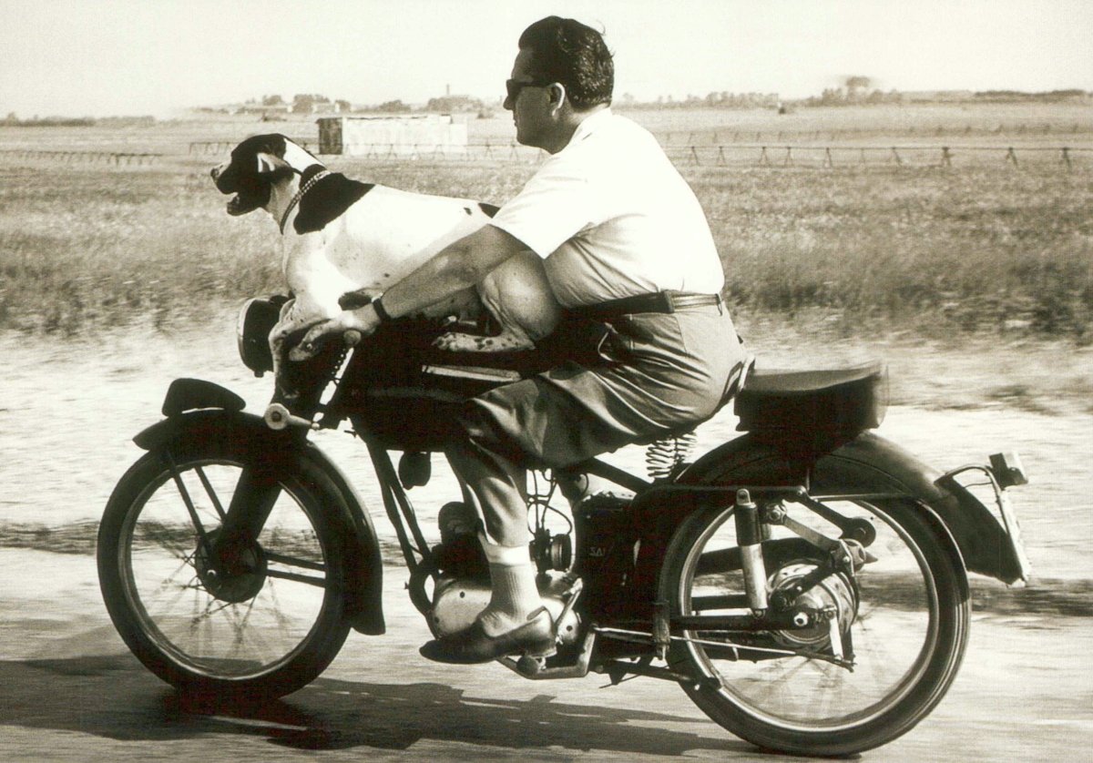 Vintage Motorrad & Hund Reiseabenteuer - Exklusive Schwarz - Weiß Postkarte für Oldtimer - Liebhaber, Sammler und Deko - Enthusiasten, Einzigartiges Geschenk und Wandkunst - Unikat