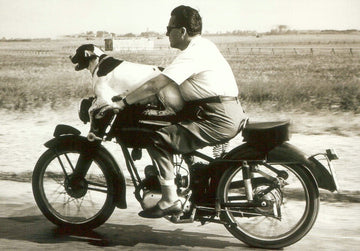 Vintage Motorrad & Hund Reiseabenteuer - Exklusive Schwarz - Weiß Postkarte für Oldtimer - Liebhaber, Sammler und Deko - Enthusiasten, Einzigartiges Geschenk und Wandkunst - Unikat