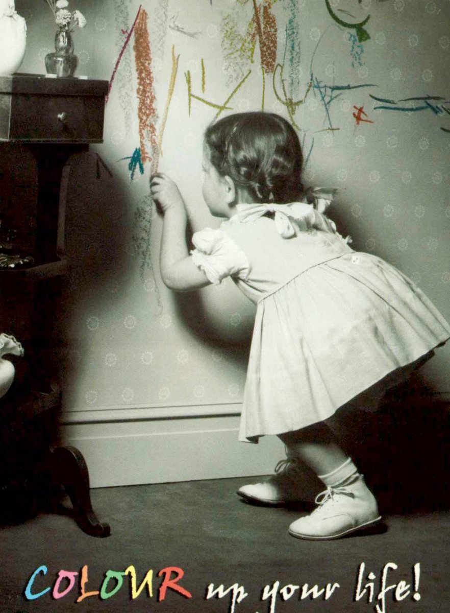 Vintage Retro Postkarte mit Englischen Sprüchen - Farbenfrohe Schwarz - Weiß Foto - Karte zum Selbstausmalen für Kinder, Kreativer Wandschmuck, Lebensfreude & Spaß