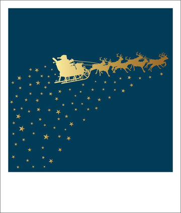 Weihnachten Postkarte mit Weihnachtsmann, Rentieren & Sternenhimmel - Festliche in Blau und Gold für die Feiertage