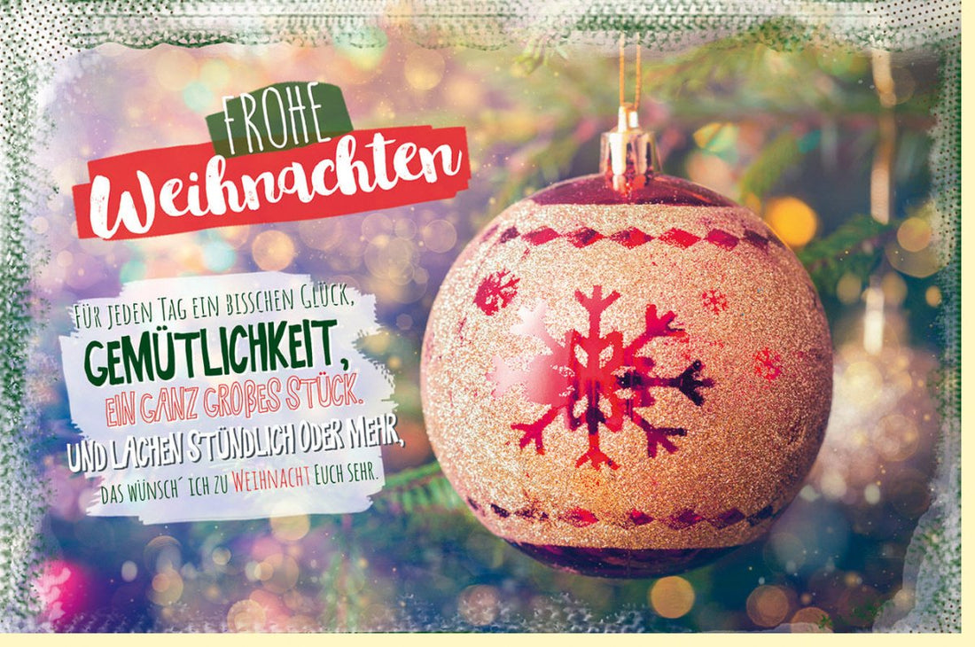 Weihnachts - Doppelkarte: Glitzernde Schneekugel & Tannenbaum, Festlicher Spruch für Frohsinn & Besinnlichkeit, Festtagsgruß Dekoration