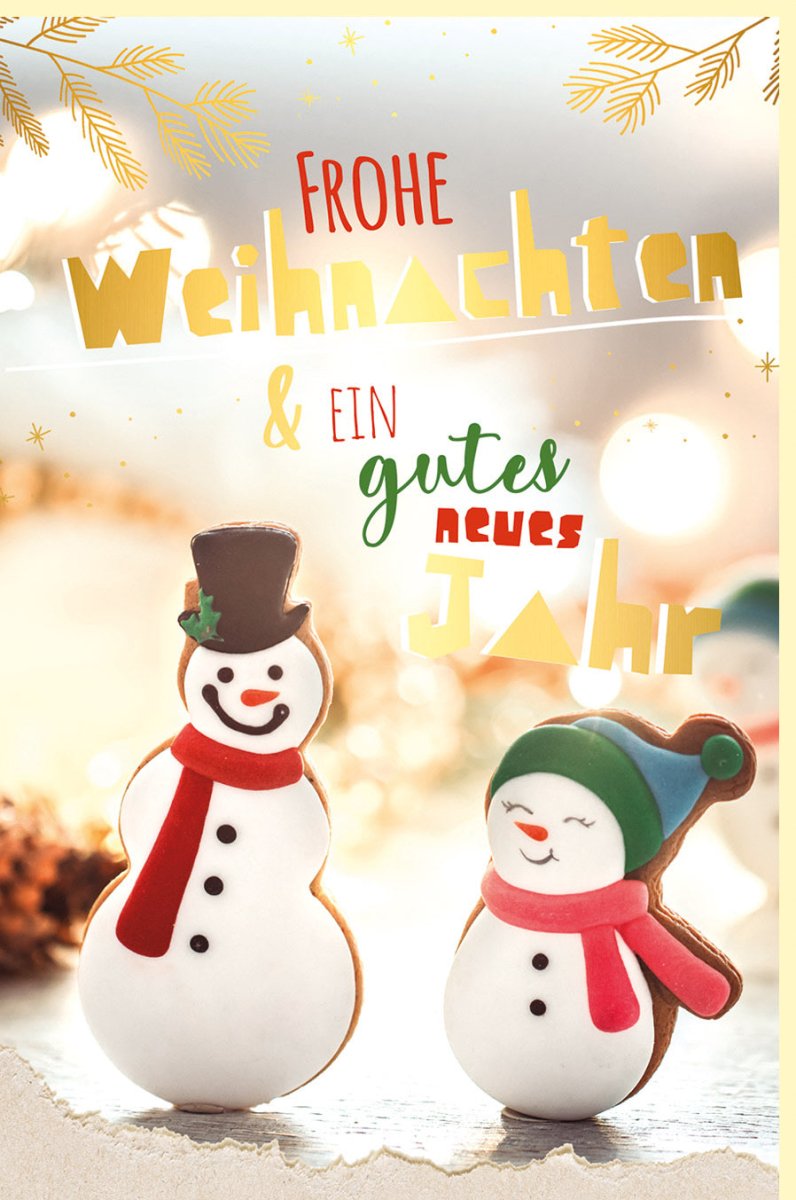 Weihnachts - Doppelkarte mit Schneemännern in Goldfolie | Liebevoller Festtagsgruß | Wintermotiv für Familie & Freunde | Beige Farbton | Geeignet für Erwachsene & Kinder