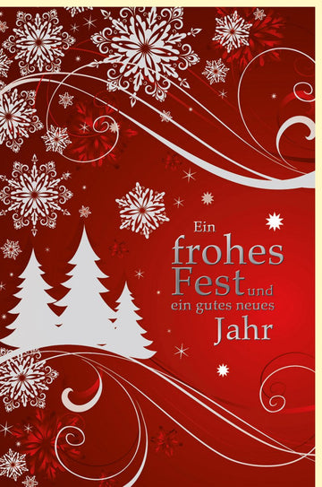 Weihnachts - Doppelkarte mit Silberfolie, Schneeflocken & Tannen - Roter Hintergrund, Glanz - Effekt für Festtagsgrüße & Neujahrswünsche
