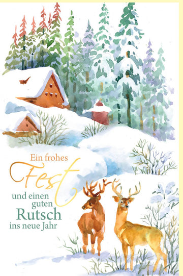 Weihnachts - & Neujahr Doppelkarte mit Winteridylle - Aquarell Hirsche im Schnee, Festliche Wald - Landschaft, Tannenbaum & Gemütlichkeit, Besinnlicher Weihnachtsgruß