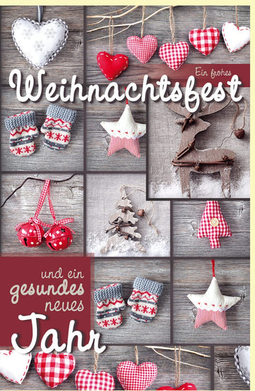 Weihnachts - & Neujahrs - Doppelkarte "Frohes Fest & Gesundes Neues Jahr" - Traditionelle Festtagsgrüße mit Herzen & Sternen auf Holzhintergrund, Rot - Weiß, Dekorative Glückwunschkarte für die Feiertage