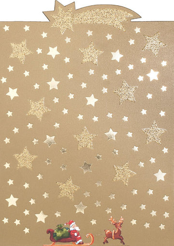 Weihnachts - Postkarte mit glitzerndem Komet, Rentierschlitten & Sternenhimmel – Festliche in Gold, Rot & Grün
