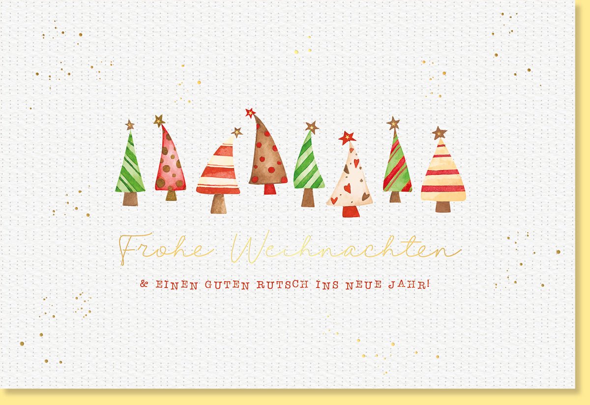 Weihnachts - und Neujahr Doppelkarte - Festliche Tannenbaum Grußkarte auf Naturkarton mit Goldfolie, Elegantes Design für Feiertage & Glückwünsche