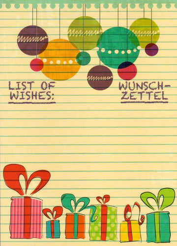 Weihnachtsgruß Postkarte mit Wunschzettel - Design, Retro Christbaumkugeln & Linienpapier - Look, Farbenfrohe Festtagsdeko