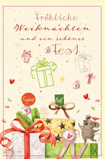 Weihnachtskarte Doppelkarte aus Zuckerrohrpapier mit festlichem Design und Geschenke - Illustration – Frohes Fest & Feiertagsgruß