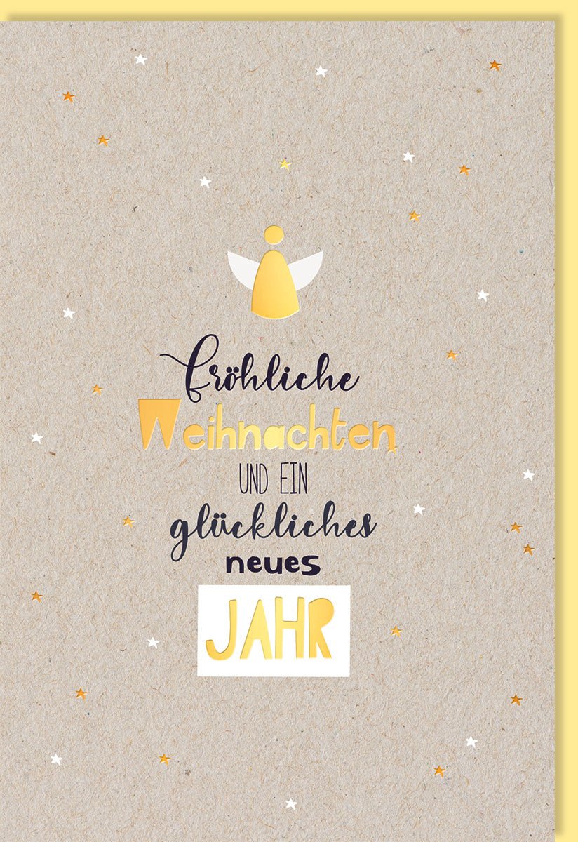 Weihnachtskarte Doppelkarte mit Engel & Sternen Design - Festliche Grußkarte auf Naturkarton mit Goldfolie, Elegante Schlichte Weihnachtswünsche & Neujahrsgrüße, Umweltfreundlich & Recyclebar, 1 Stück