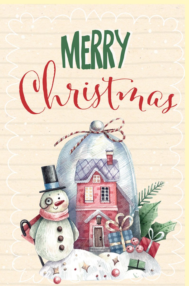 Weihnachtskarte Doppelkarte mit Schneemann & Zuckerrohrpapier - Festtagsgrüße im Vintage - Stil, Familienfreundliche Wintermotiv - Karte mit Tannenzweig, Weihnachtsbaumkugel, Warme Farben in Beige, Rot & Grün - Gemütliche Besinnlichkeit für die Feiertage