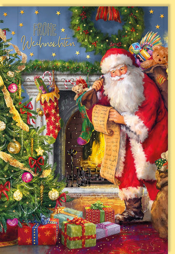 Weihnachtskarte Doppelkarte mit Weihnachtsmann, Baum & Geschenken - Nostalgische Goldfolie Weihnachtsgrüße, Festliche Kamin - Dekoration, Glitzer Schmuckkerzen, Hund & Teddy Vintage Design