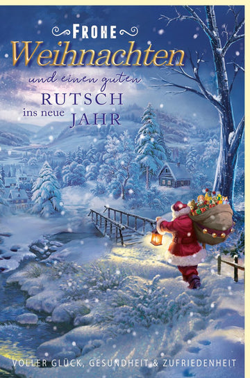 Weihnachtskarte Doppelkarte mit Weihnachtsmann, Geschenkesack & Schneelandschaft - Traditionelle Blau - Goldene Festtagsgrüße für Familie & Freunde - Nostalgische Winteridylle mit Frohen Weihnachten und Neujahrswünschen