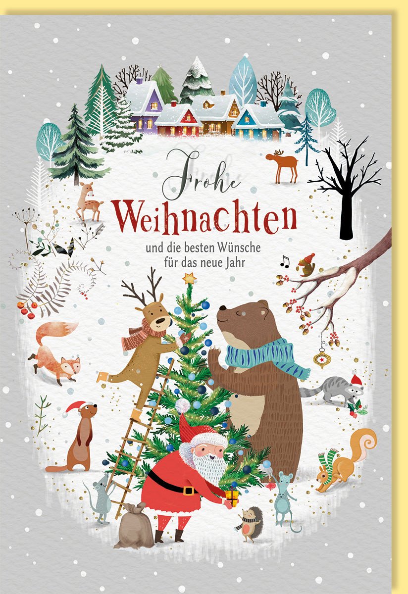 Weihnachtskarte Doppelkarte mit Weihnachtsmann, Tannenbaum & Tieren - Naturkarton, Schnee - Dorf Motiv, Bunte Gemütliche Festtagsgrüße für Frohe Weihnachten und Neujahrswünsche