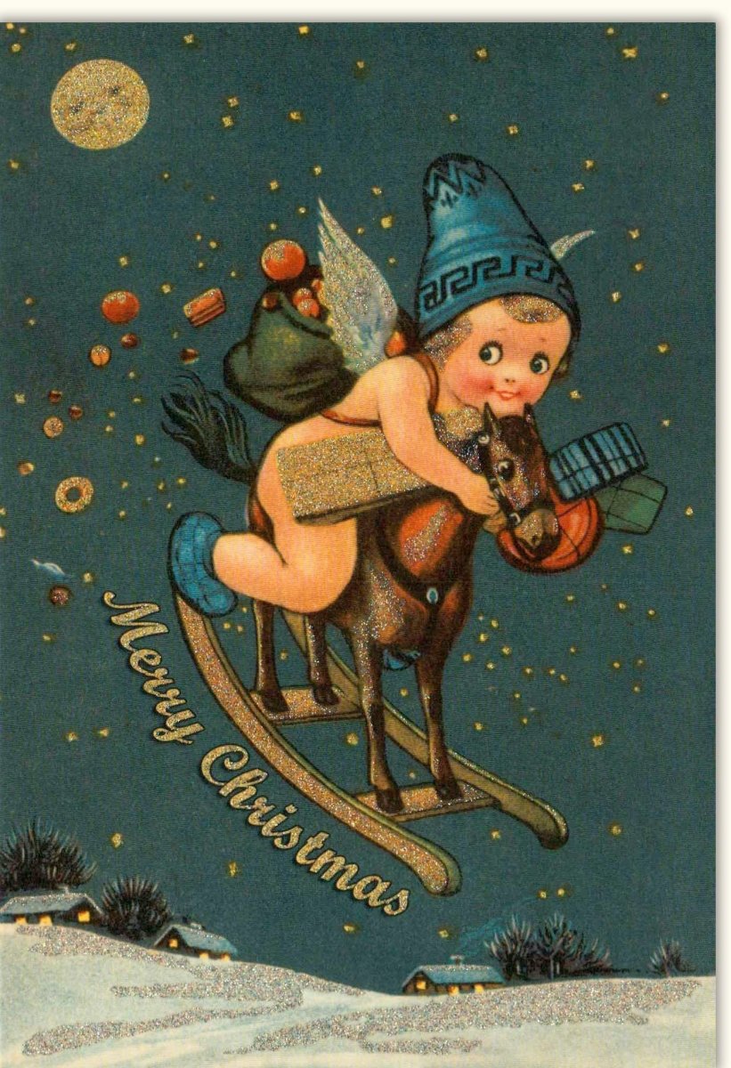 Weihnachtskarte Doppelkarte Nostalgisch mit Engel & Schaukelpferd - Vintage Merry Christmas Retro Design, Festliche Geschenke, Sterne, Schnee, Nacht & Gold Glitzer - 210x148mm