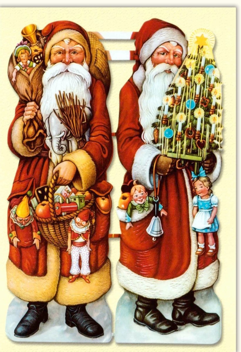 Weihnachtskarte Doppelkarte Nostalgisch - Vintage Merry Christmas Motiv mit Weihnachtsmännern, Tannenbäumen, Spielzeug & Geschenken - Festliche Retro Papeterie in Rot, Grün & Gold für Feiertage