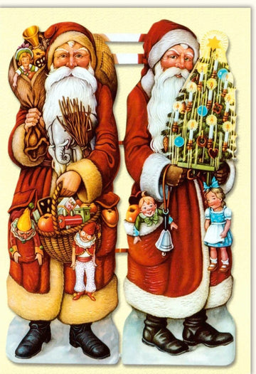 Weihnachtskarte Doppelkarte Nostalgisch - Vintage Merry Christmas Motiv mit Weihnachtsmännern, Tannenbäumen, Spielzeug & Geschenken - Festliche Retro Papeterie in Rot, Grün & Gold für Feiertage