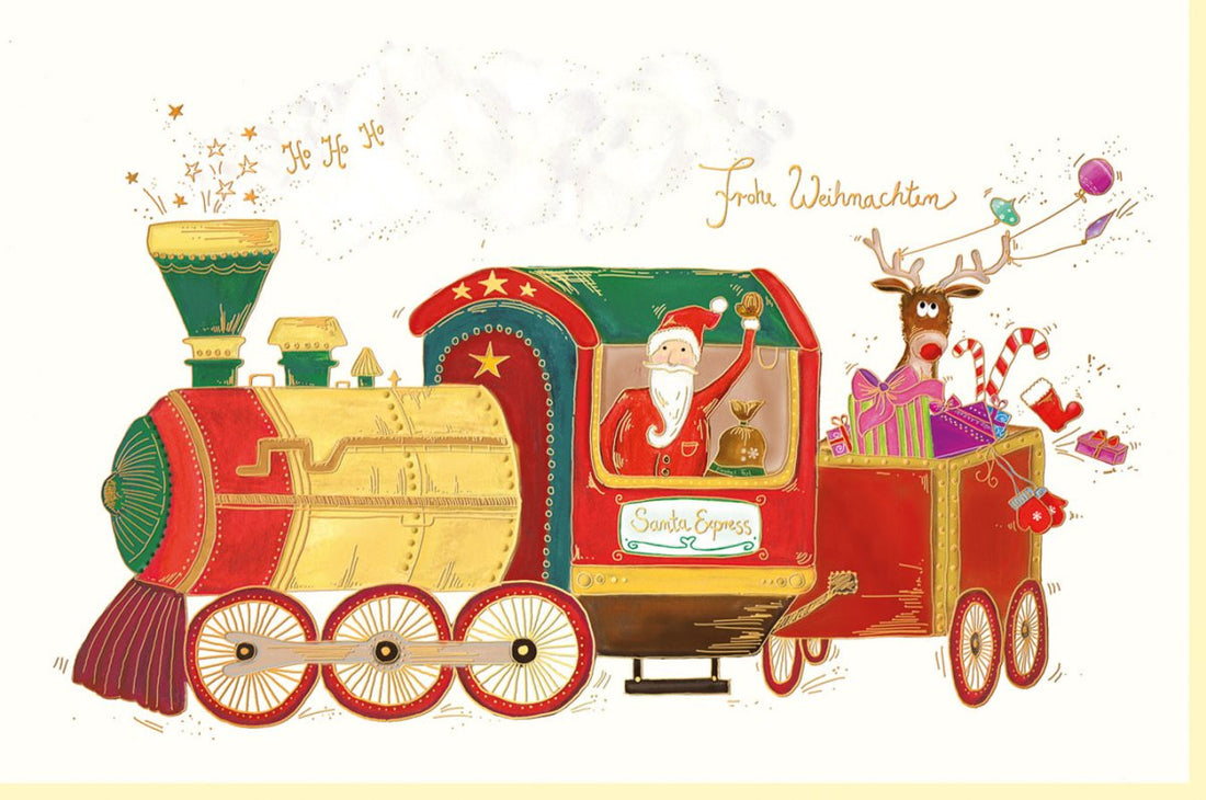 Weihnachtskarte im Retro - Stil: Lokomotive & Weihnachtsmann, Goldfolie & Blindprägung, Elegante Festtagsgrüße