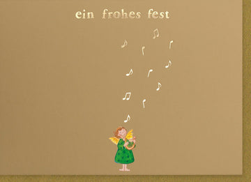 Weihnachtskarte mit Goldfolie in Pantone - Gold, Festlicher Weihnachtsgruß mit Musiknoten & Engel Motiv, Frohes Fest Feiertags - Doppelkarte