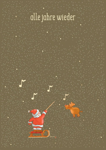 Weihnachtskarte mit Goldfolie, Musiknoten & Schneeflocken - Festlicher Weihnachtsmann mit Rentier und Schlitten, Feiertagsgrüße