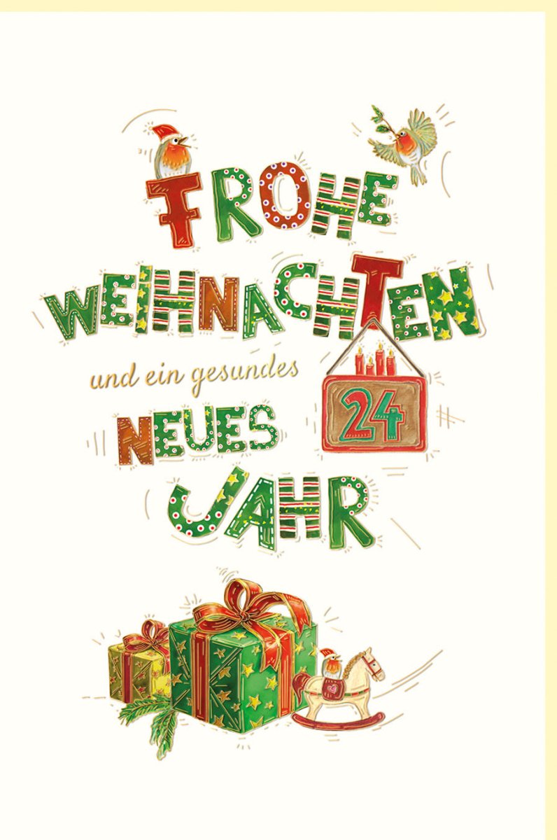 Weihnachtskarte mit Goldfolie und Blindprägung – Traditionelle Festtagsgrüße mit Schaukelpferd - Motiv, Elegante Grußkarte für Familie & Freunde, Grün - Rot, Dezember Feiertage, Frohe Weihnachten & Neujahr Glückwünsche, Doppelkarte Set