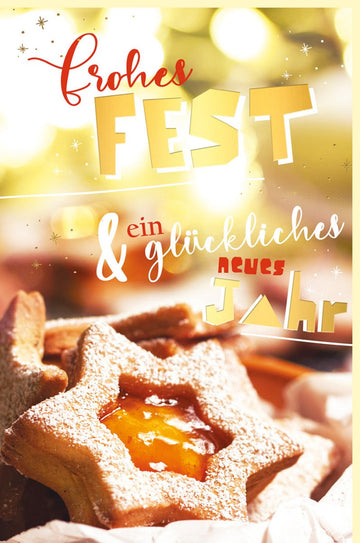 Weihnachtskarte mit Goldfolie und Gebäck - Marmelade Motiv - Traditioneller Weihnachtsgruß in warmen Farben, Gold & Rot - Festtagskarte für Familie und Freunde, Glückwünsche zu den Feiertagen
