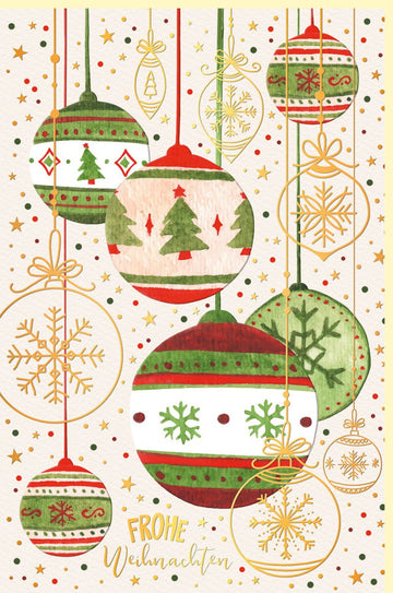 Weihnachtskarte mit Goldfolie und Weihnachtskugeln - Festliche Grüße für Feiertage, Familie & Freunde - Rote, Grüne & Goldene Dekoration, Hängender Baumschmuck mit Glanz - Traditionelle Papeterie