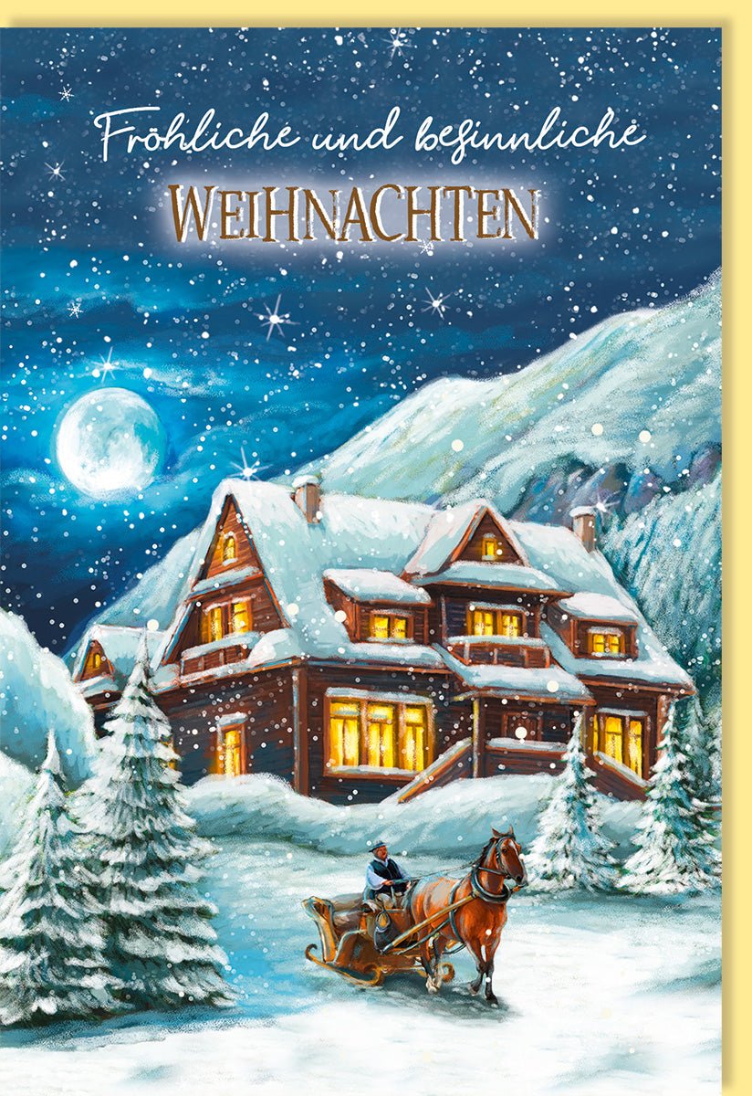 Weihnachtskarte mit nostalgischem Pferdeschlitten - Motiv: Festliche Doppelkarte, Winterlandschaft im Mondlicht, Schneebedecktes Haus, Tannenbaum & Frohe Weihnachten Gruß