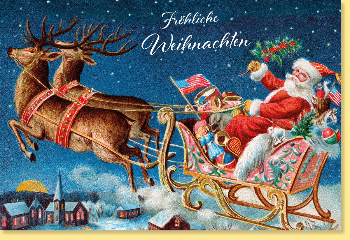 Weihnachtskarte mit Rentierschlitten - Motiv: Nostalgische Grußkarte, Festliche Winterlandschaft, Schnee & Geschenke, Traditionelle Weihnachtsgrüße im Retro - Design, Vintage Christmas Santa Claus Deer Sled Holiday Cards