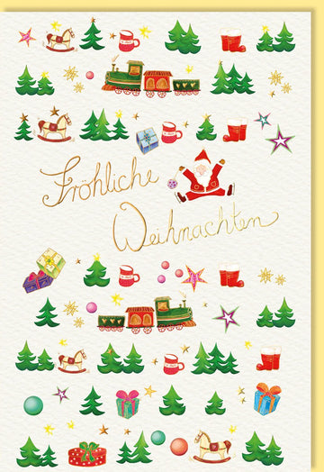 Weihnachtskarte mit Schaukelpferd & Zug - Festliche Doppelkarte mit Weihnachtsmann, Tannenbäumen, Geschenken in Goldfolie & Blindprägung auf Naturkarton