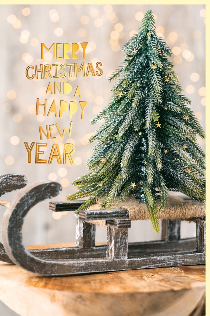 Weihnachtskarte mit Schlitten & Weihnachtsbaum Motiv - Elegante Doppelkarte in Grün & Goldfolie, Traditioneller Festtagsgruß für Familie & Freunde, Frohe Weihnachten & Neujahrswünsche