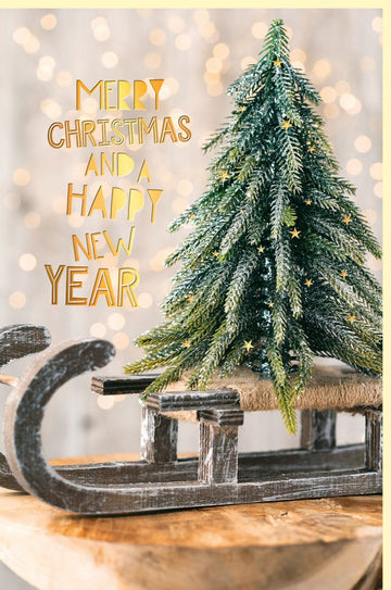 Weihnachtskarte mit Schlitten & Weihnachtsbaum Motiv - Elegante Doppelkarte in Grün & Goldfolie, Traditioneller Festtagsgruß für Familie & Freunde, Frohe Weihnachten & Neujahrswünsche