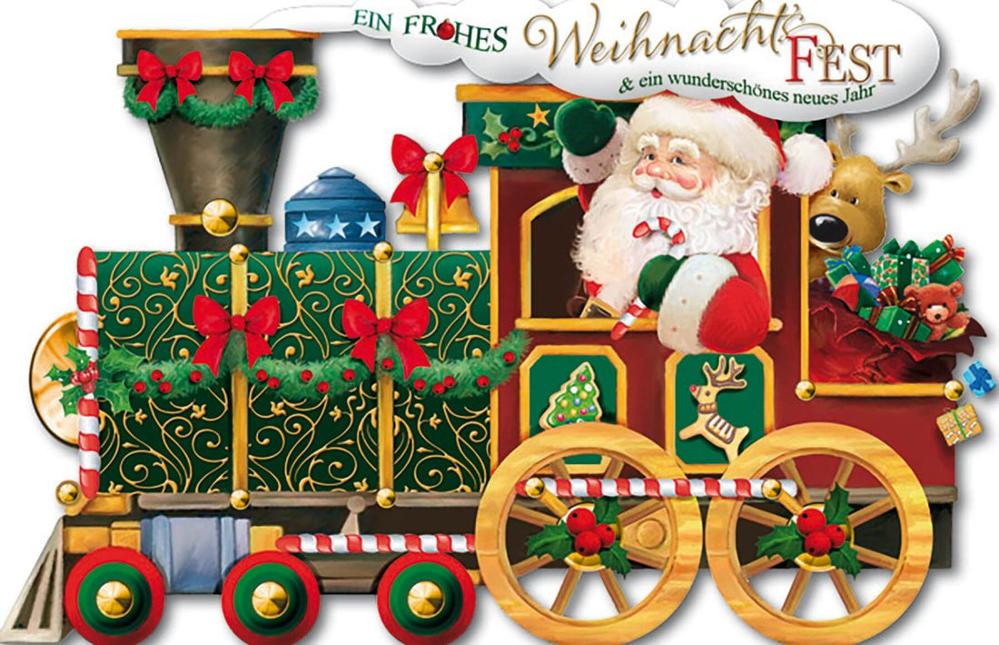 Weihnachtskarte Nostalgisch - Vintage Weihnachtszug mit Santa Claus, Rentieren & Geschenken, Umrahmt von Tannenzweigen für ein Frohes Fest - Retro Doppelkarte für die Feiertage