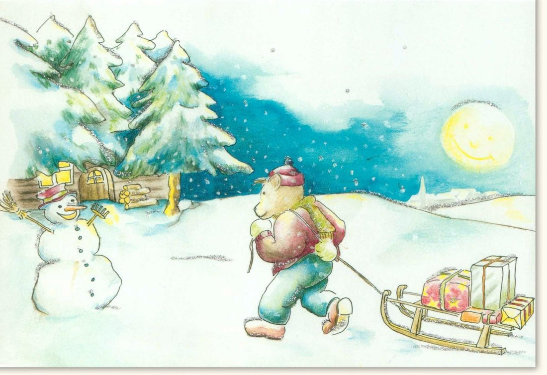 Weihnachtskarte Retro Design - Nostalgische Doppelkarte mit Hund, Schlitten & Schneemann, Winterlandschaft & Geschenke unter dem Baum, Vintage Mond Grußkarte für Festliche Feiertage, Traditionelle Familie Freude