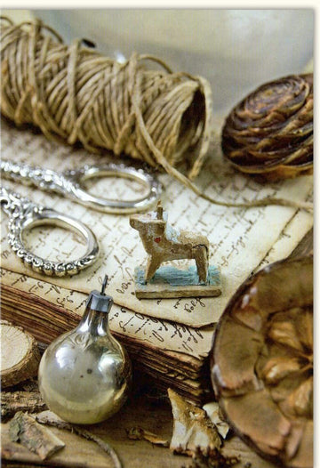 Weihnachtskarte Traditionell Handarbeit - "Merry Christmas" Vintage Doppelkarte mit Kordel, Buch & Schere Motiv - Festliche Nostalgie Weihnachtsdekoration, Besinnliche Grußkarte