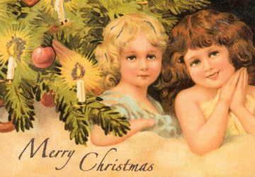 Weihnachtskarte Vintage - Stil - Engel, Kerzen & Tannenzweige - Festliche Retro Grüße, Sammlerstück