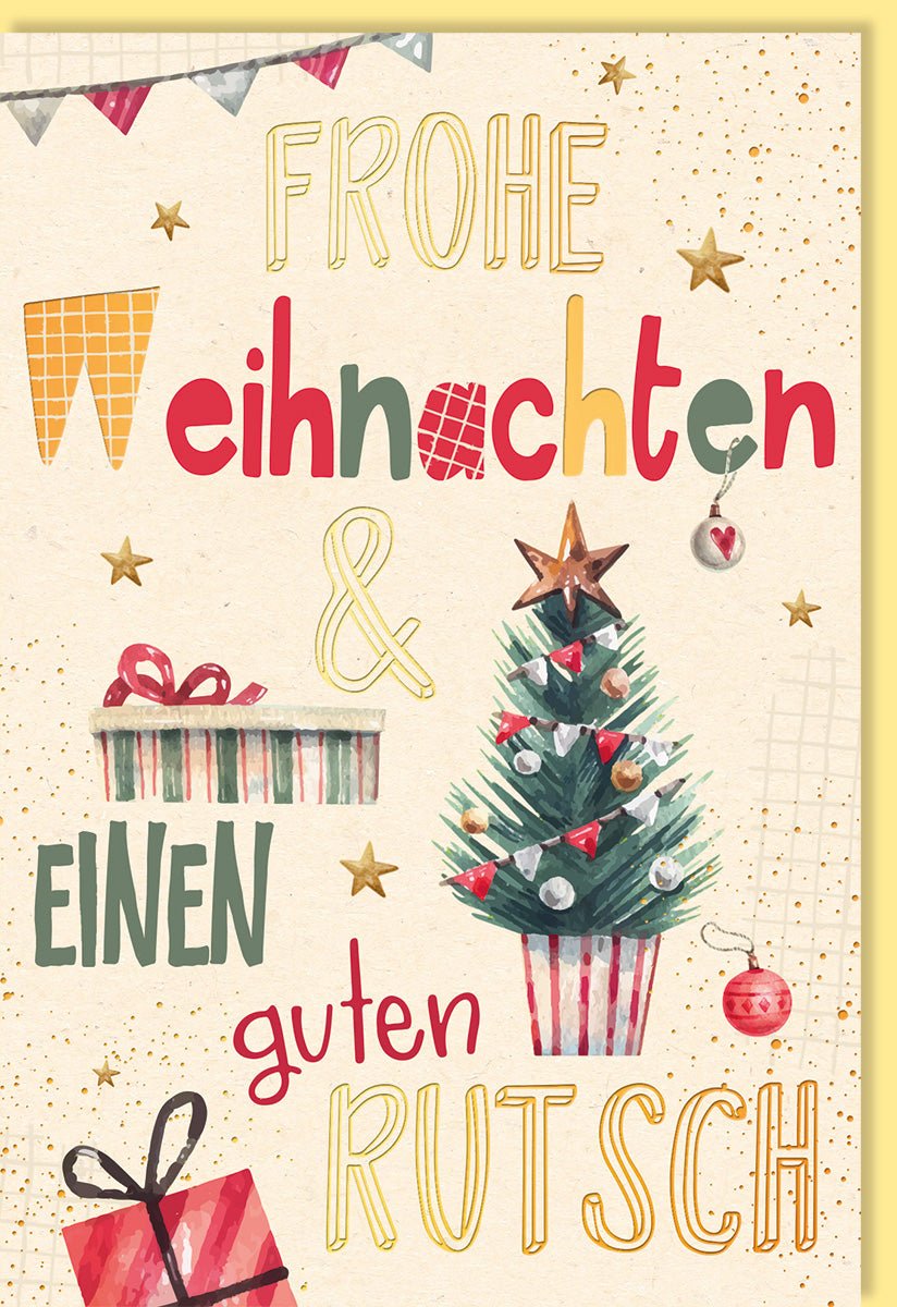 Weihnachtskarten Weihnachtsgrußkarten Frohe Weihnachten und einen guten Rutsch mit Weihnachtsbaum Geschenken Sternen und Christbaumkugeln auf der Vorderseite mit Umschlag