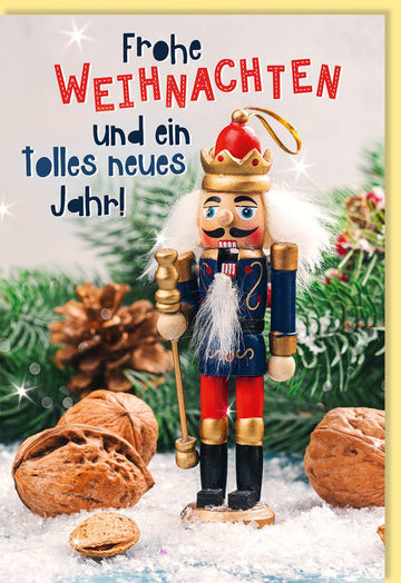 Weihnachtskarten Weihnachtsgrußkarten Nussknacker Tannenzweige Walnüsse Frohe Weihnachten und ein tolles neues Jahr Schriftzug mit Glitzer mit umschlag