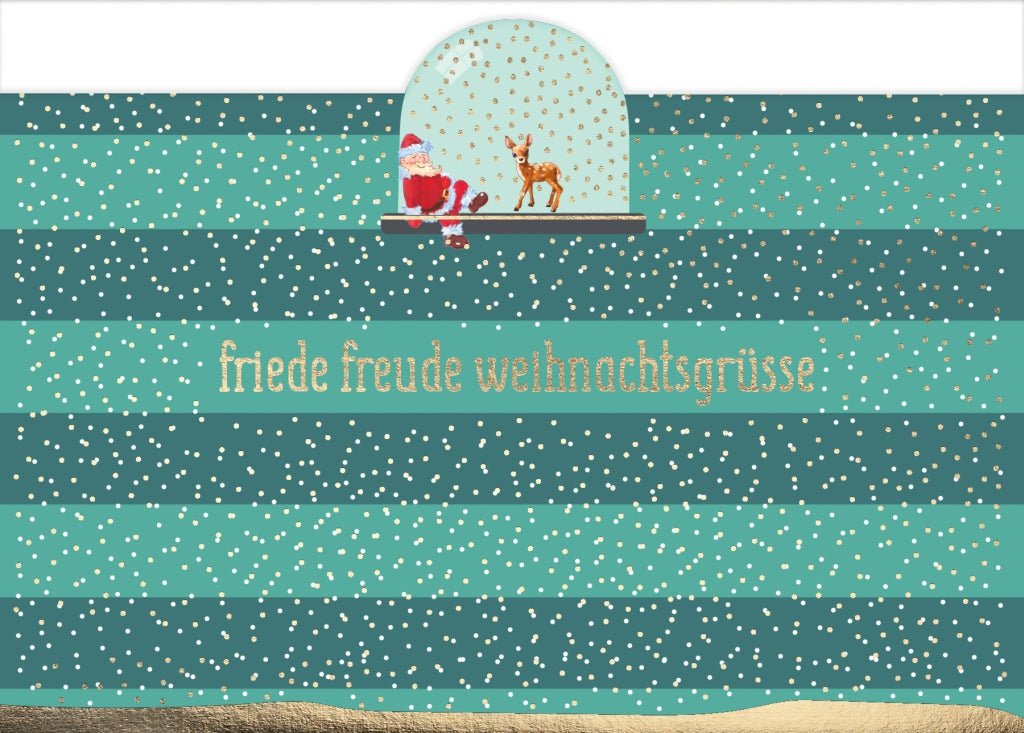 Weihnachtspostkarte Goldfolie Schneekugel mit W - mann und B.