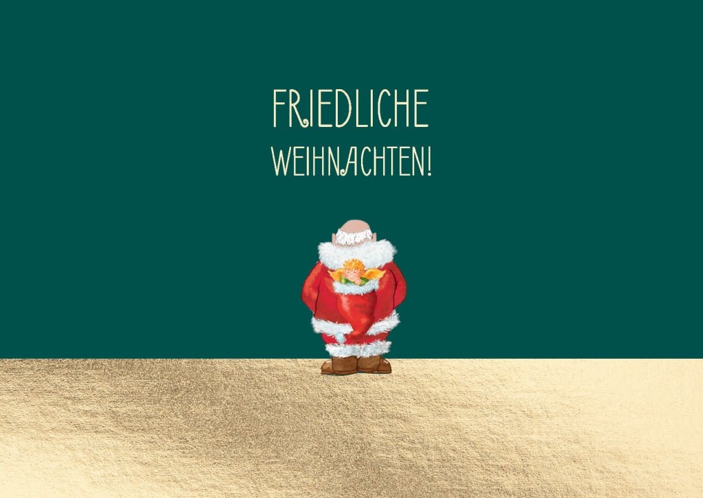 Weihnachtspostkarte Goldfolie Weihnachtsmann, auf dem Rücken Engel in Mütze
