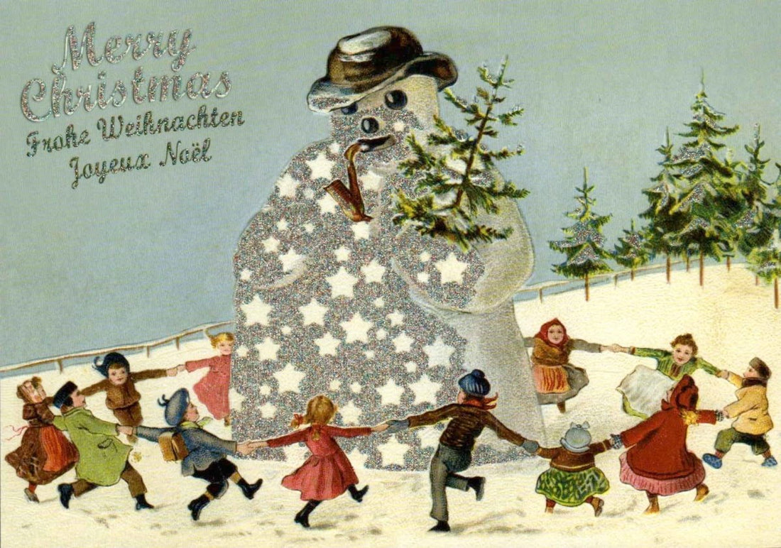 Weihnachtspostkarte Kinder tanzen um xl Weihnachtsmann