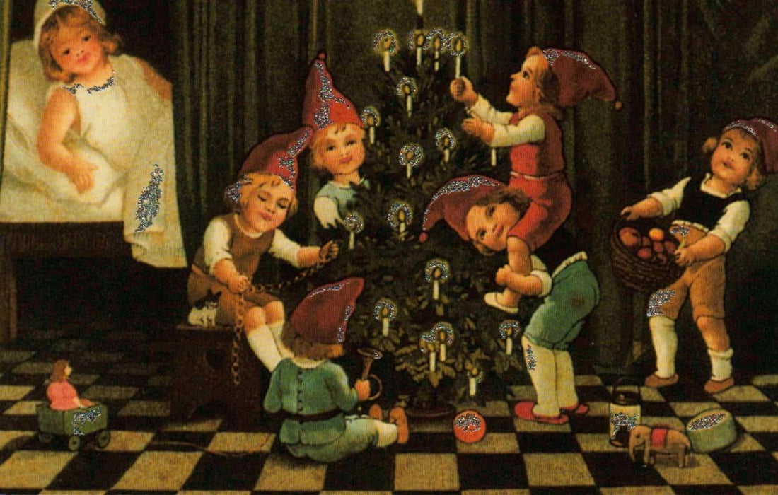 Weihnachtspostkarte Kinder Weihnachtsmützen Weihnachtsbaum: merry christmas