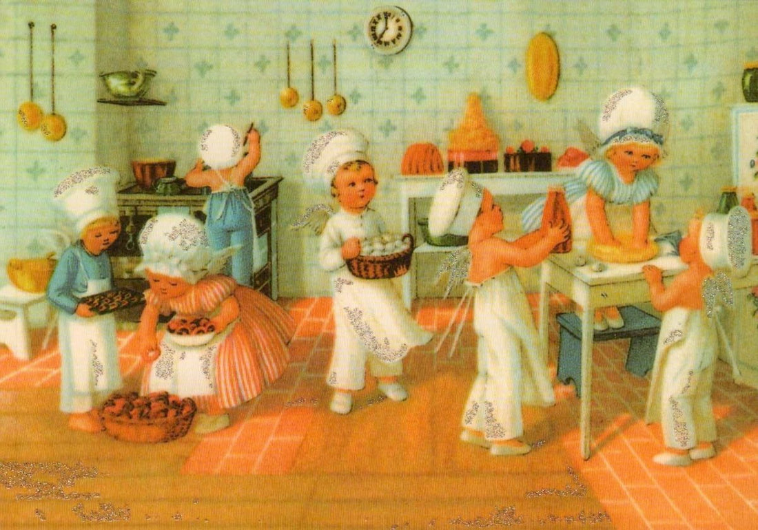 Weihnachtspostkarte Küche Kinder retro
