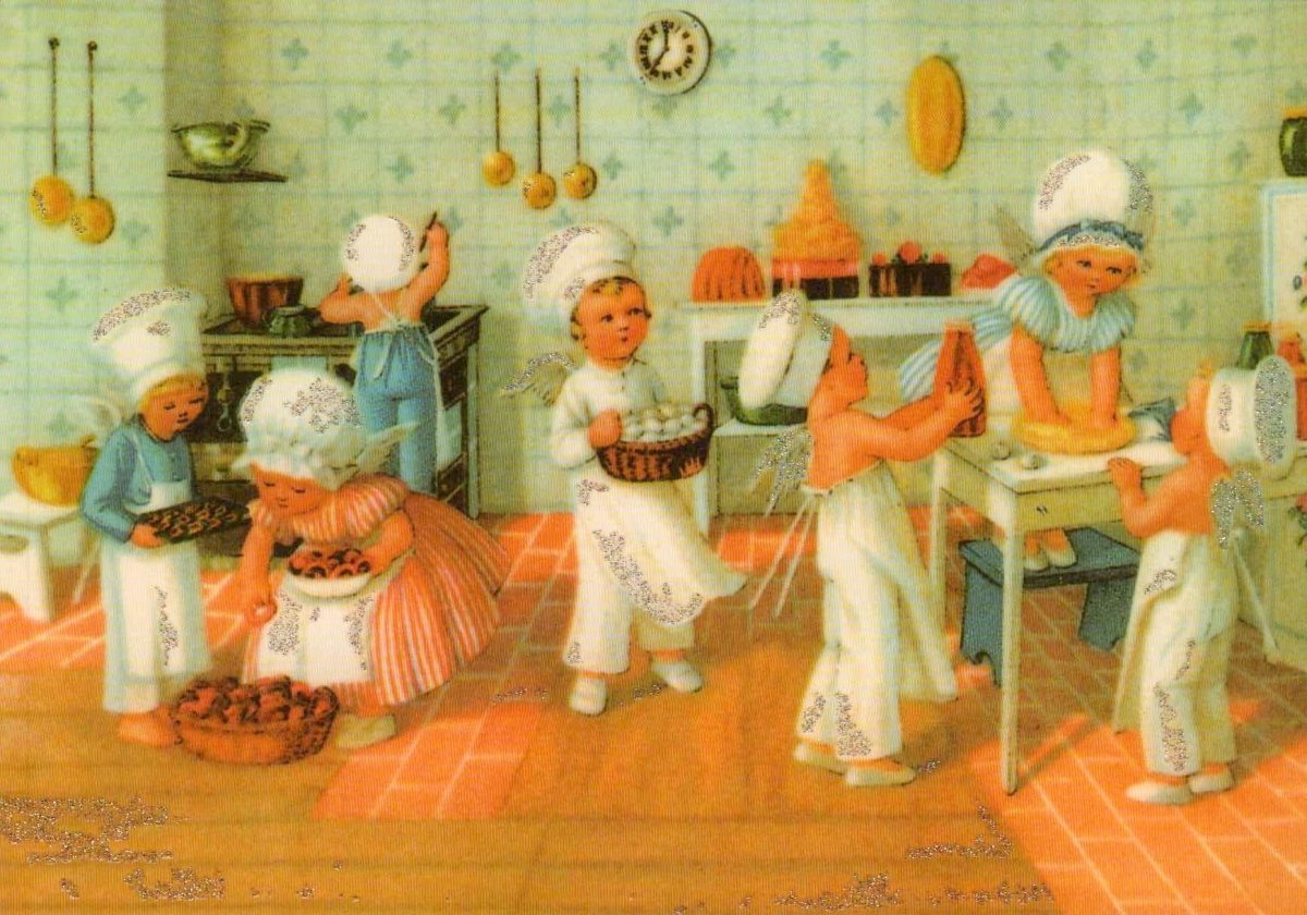Weihnachtspostkarte Küche Kinder retro