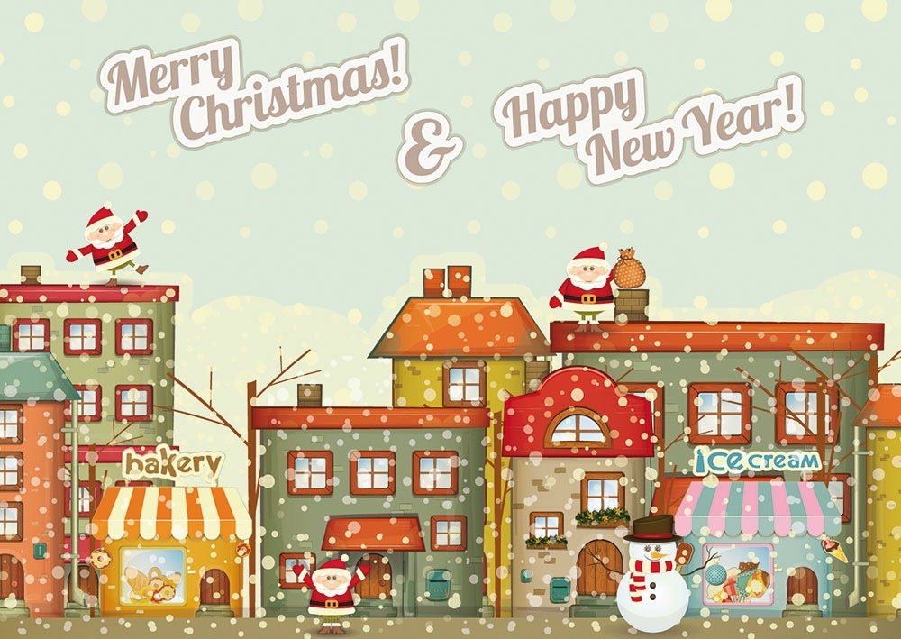 Weihnachtspostkarte mit Santa & Schneemann – Festliche Winterhäuser und Geschäfte Illustration, Merry Christmas & Happy New Year
